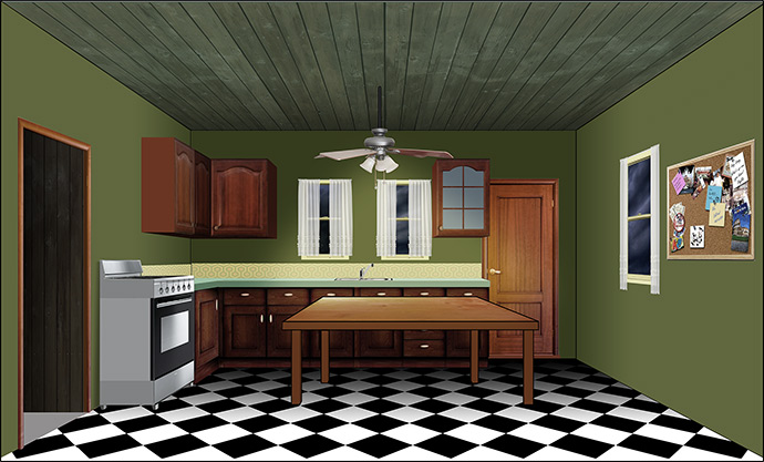 Set Design proto-artwork illustrated in 1 point perspective for the primary staging of Australian Feature Film STALKHER