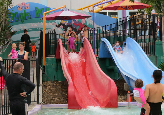 Little Kids Water Slides in front of the Wiggle bay Mural Little Kids Water Slides in front of the Wiggle bay Mural