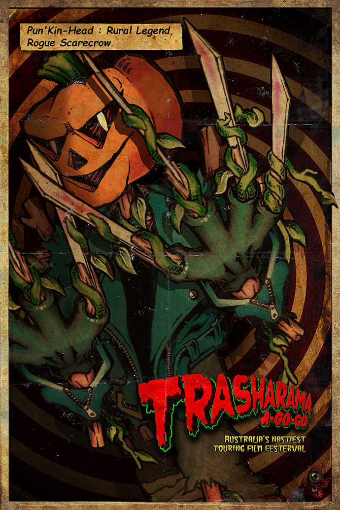 Pun'Kin-Head : Rural Legend, Rogue Scarecrow, Bane of the Pumpkin Patch. An infernal dietary demon summoned forth to animate an intricate manlike artifact woven from the dry stalks and ears of wheat, bound with hemp, cresting this abomination with a large pulpy round orange piece of fruit.... PumpKin-Head: Outta the Punkin Patch